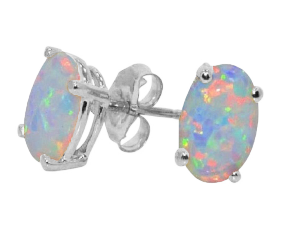 Opal 8x6mm Oval Stud Earrings White Gold Silver eBay