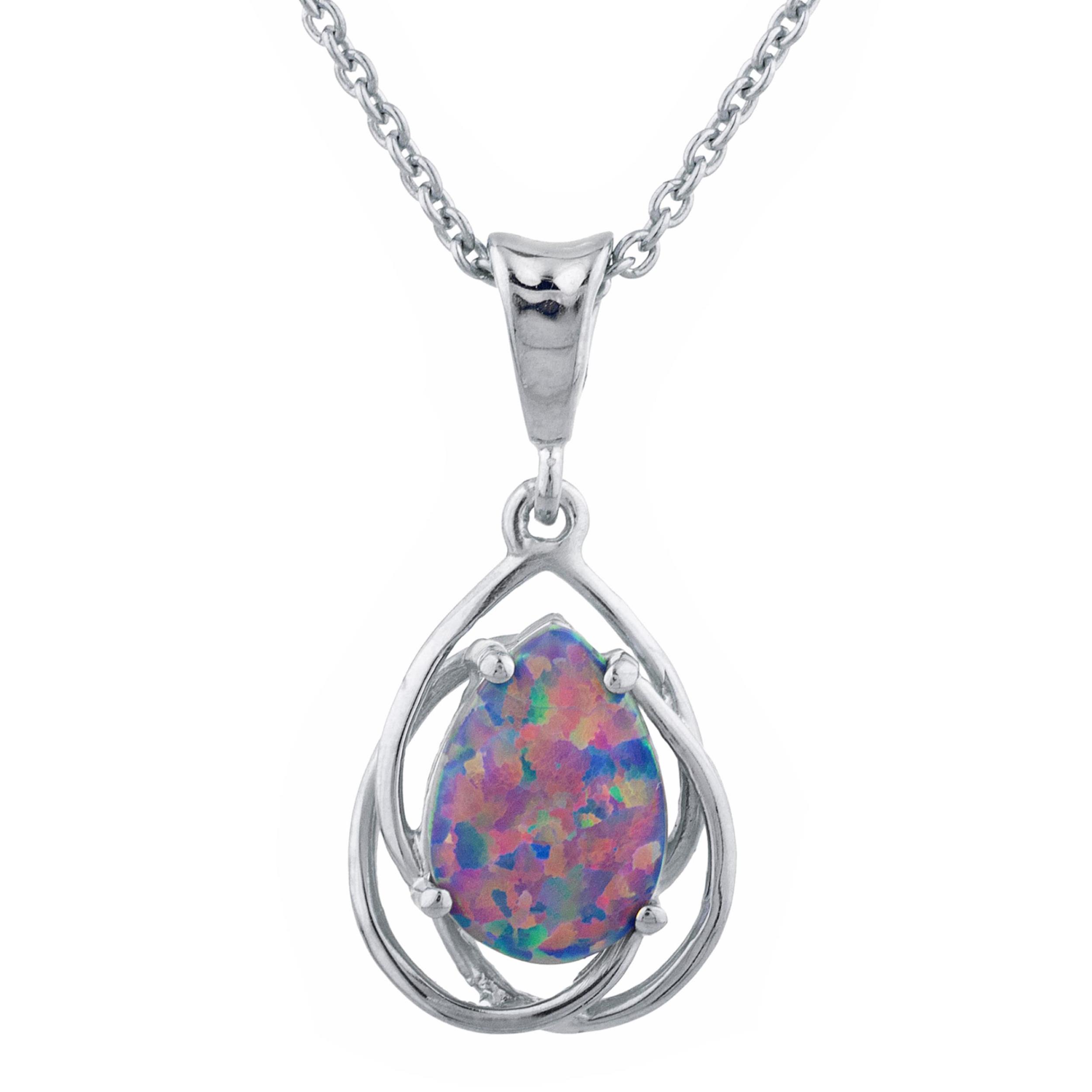 Teardrop Pear Shape Created Opal with CZ 925 Sterling Silver Small Pendant