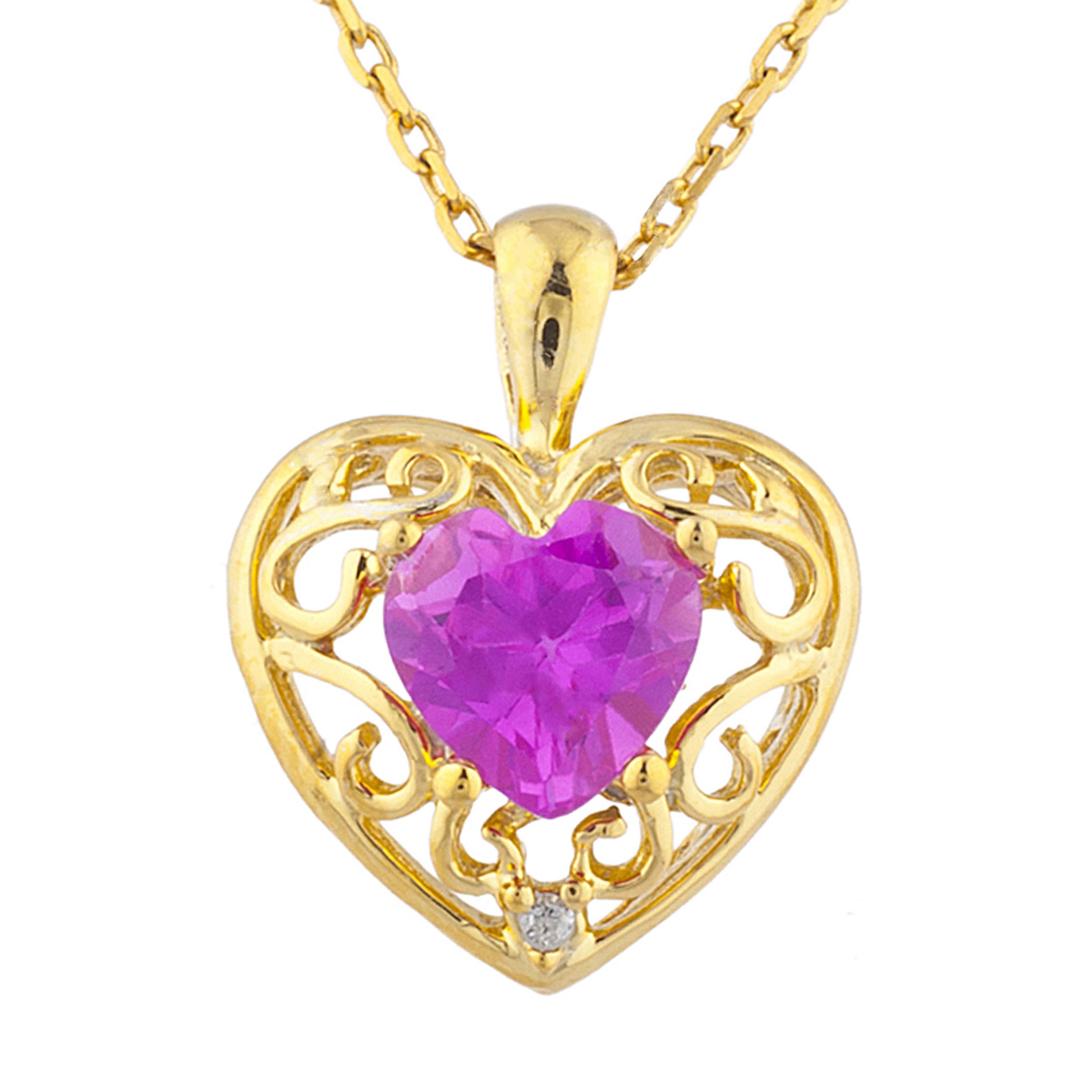 14kt Gold Pink Sapphire And Diamond Heart Love Engraved Pendant Necklace