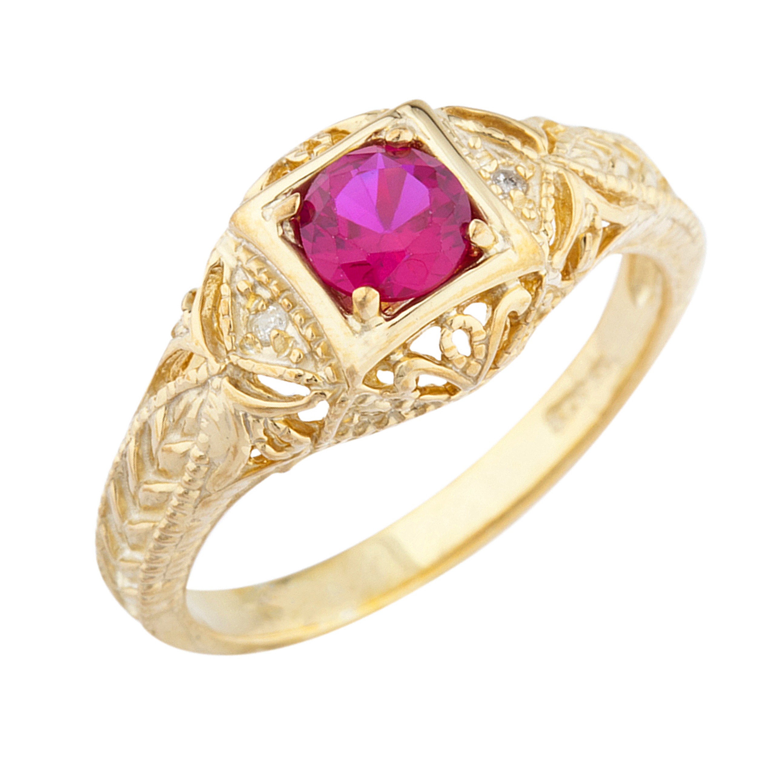 14Kt Yellow Gold Plated Created Ruby & Diamond Round Ring | eBay