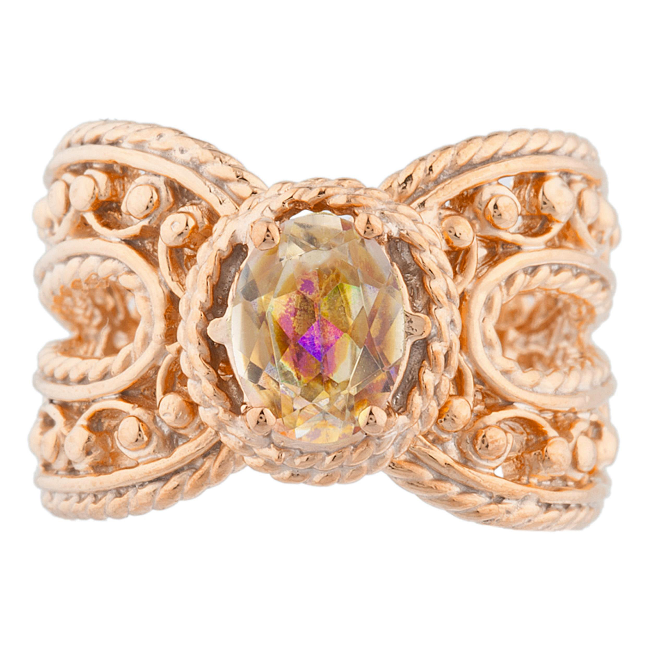 14Kt Rose Gold Plated Natural Ecstasy Mystic Topaz & Diamond Round Ring