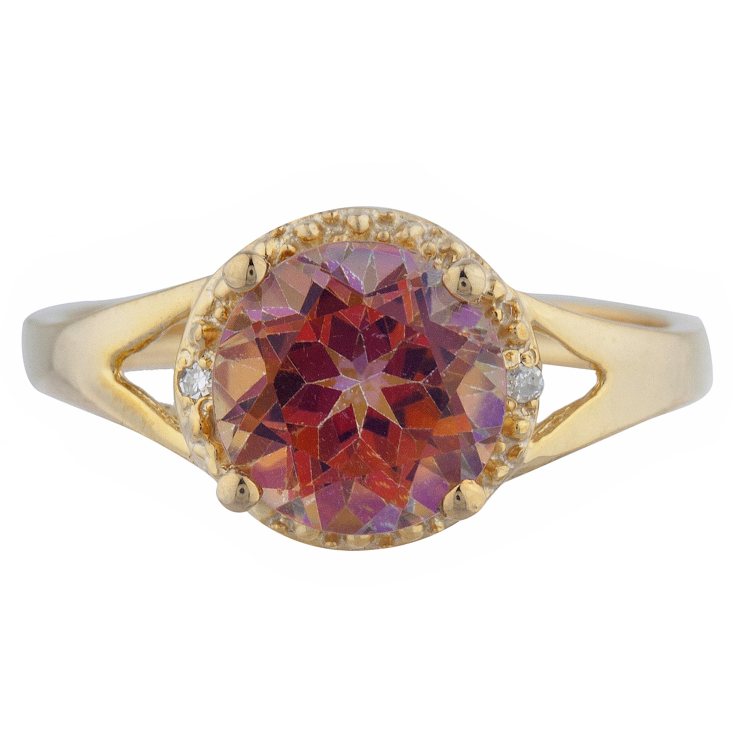 14Kt Rose Gold Plated Natural Ecstasy Mystic Topaz & Diamond Round Ring